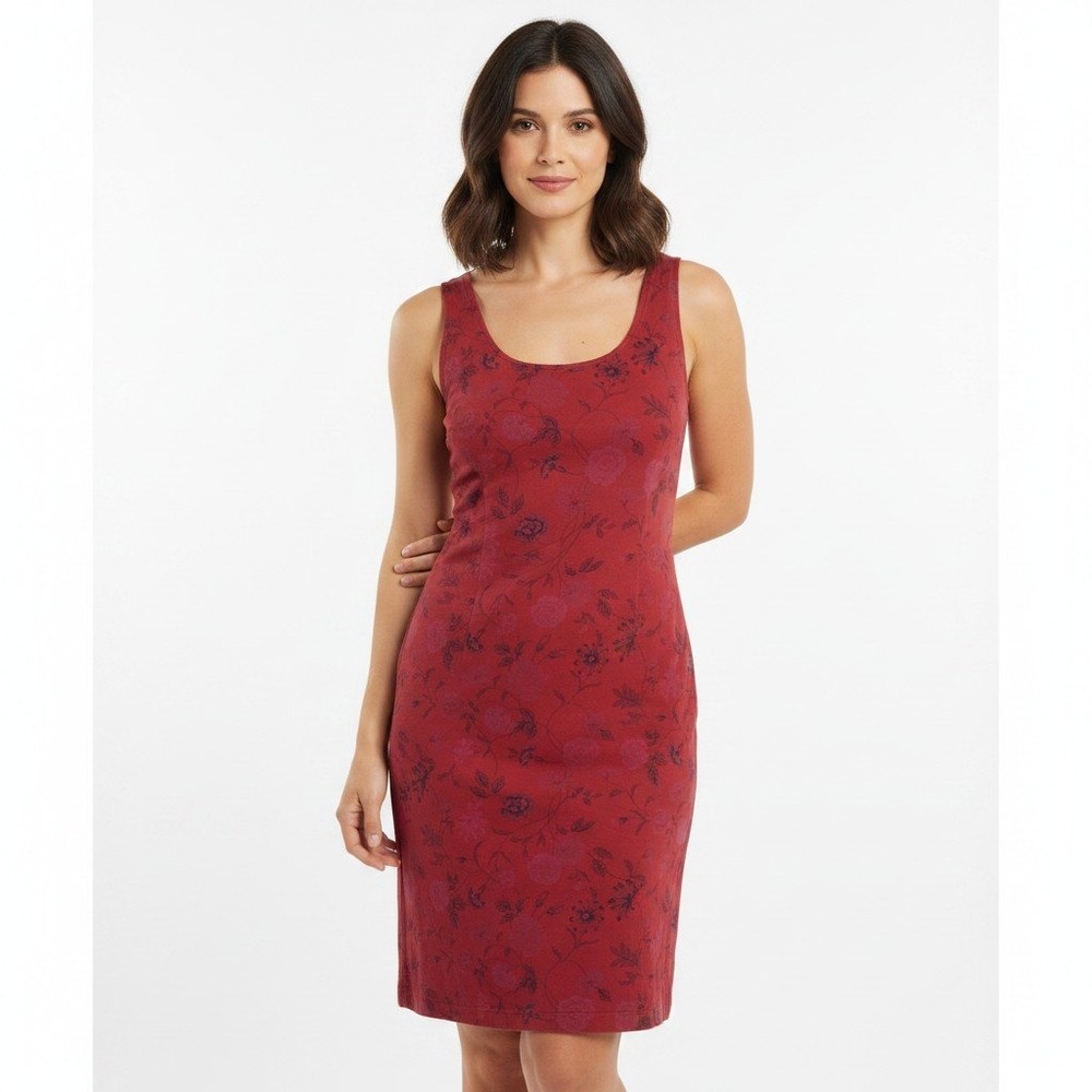 Vintage 90s Floral Fitted Tank Dress M Cotton Red USA Made Romantic Newport News